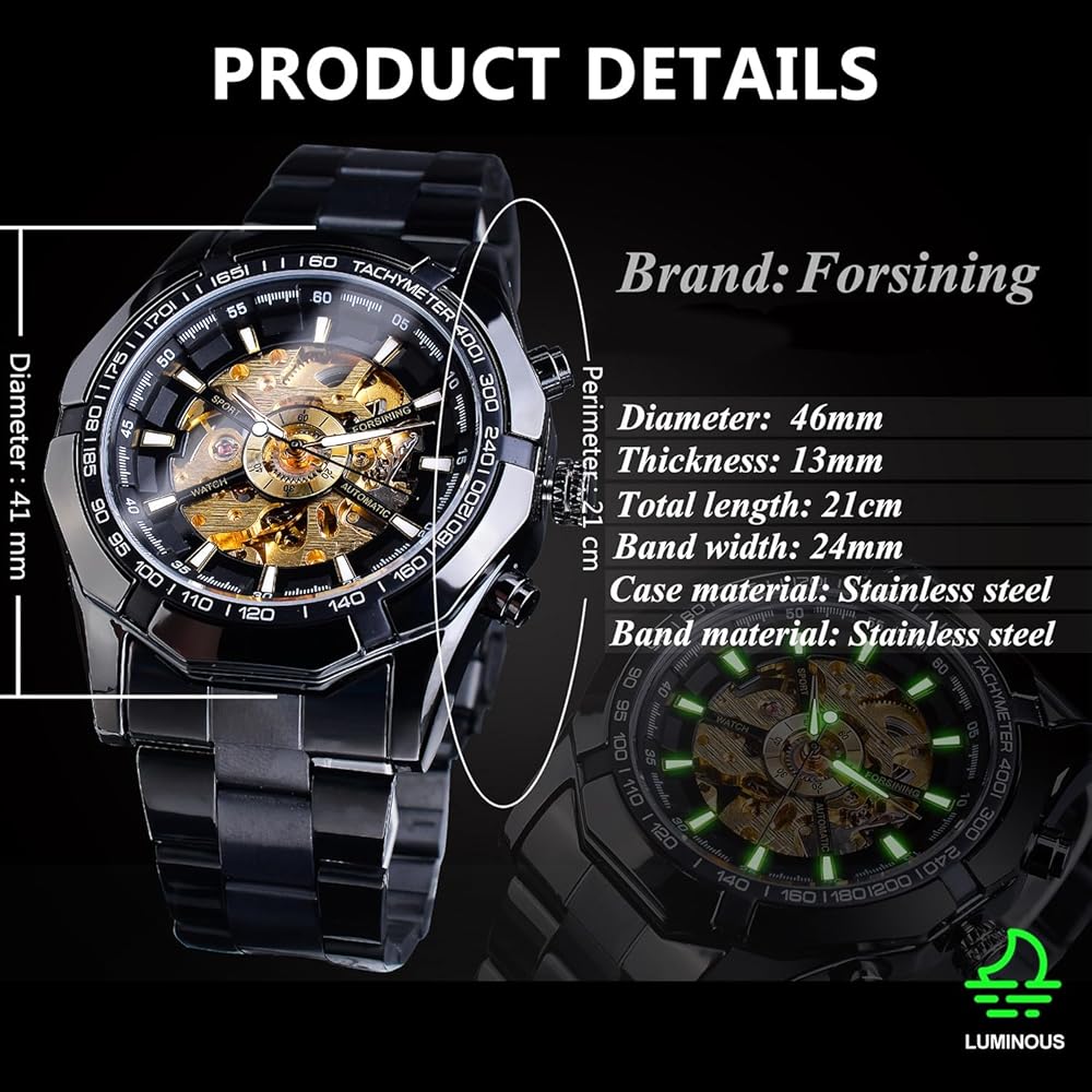 Forsining Men's Automatic Skeleton Watch Blue Black Stainless Steel Band Waterproof Modern Design