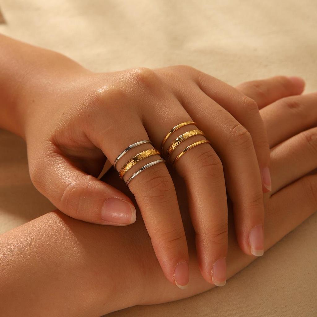 European-American Style Titanium Steel Open Ring - 18K Gold, Non-Fading, Three-Layer Line Design for Women