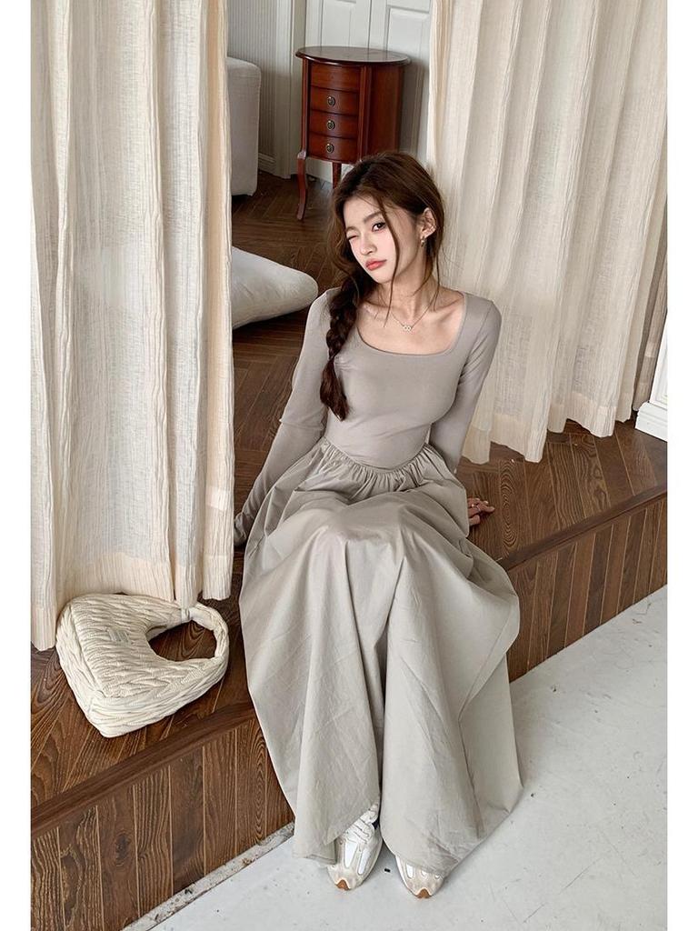 Spring 2026 Women's Square Neck Long Sleeve Slimming Knit Dress