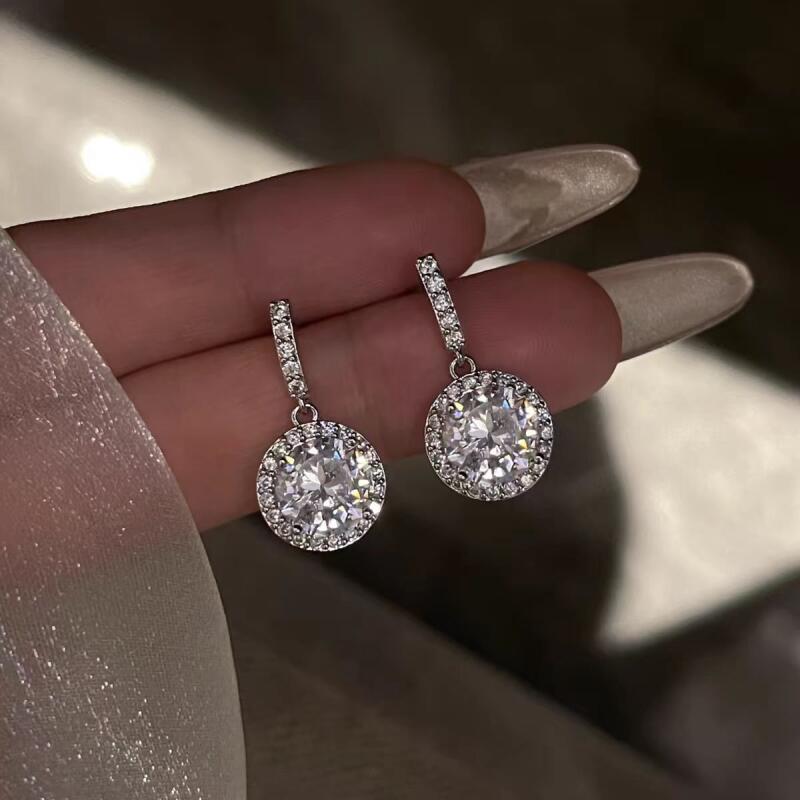 Light Luxury Round Zircon Drop Earrings for Women Ladies Fashion Temperament Silver Color Dangle Earrings Wedding Jewelry Gifts