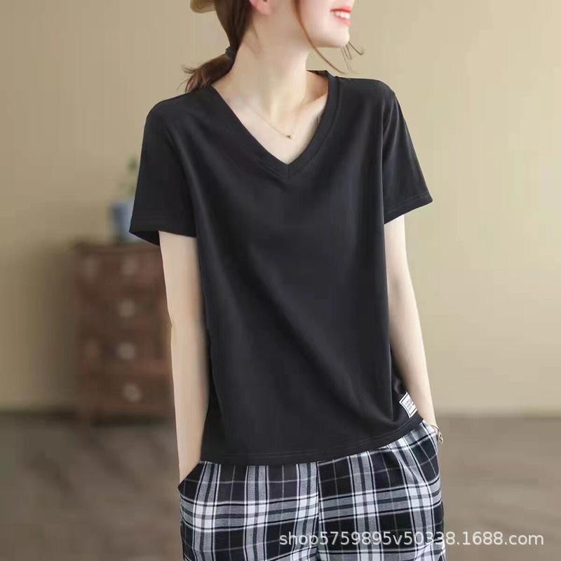 Silk Cotton White Short Sleeved Shoulder T-shirt for Women's Spring/summer V-round Neck Basic Top