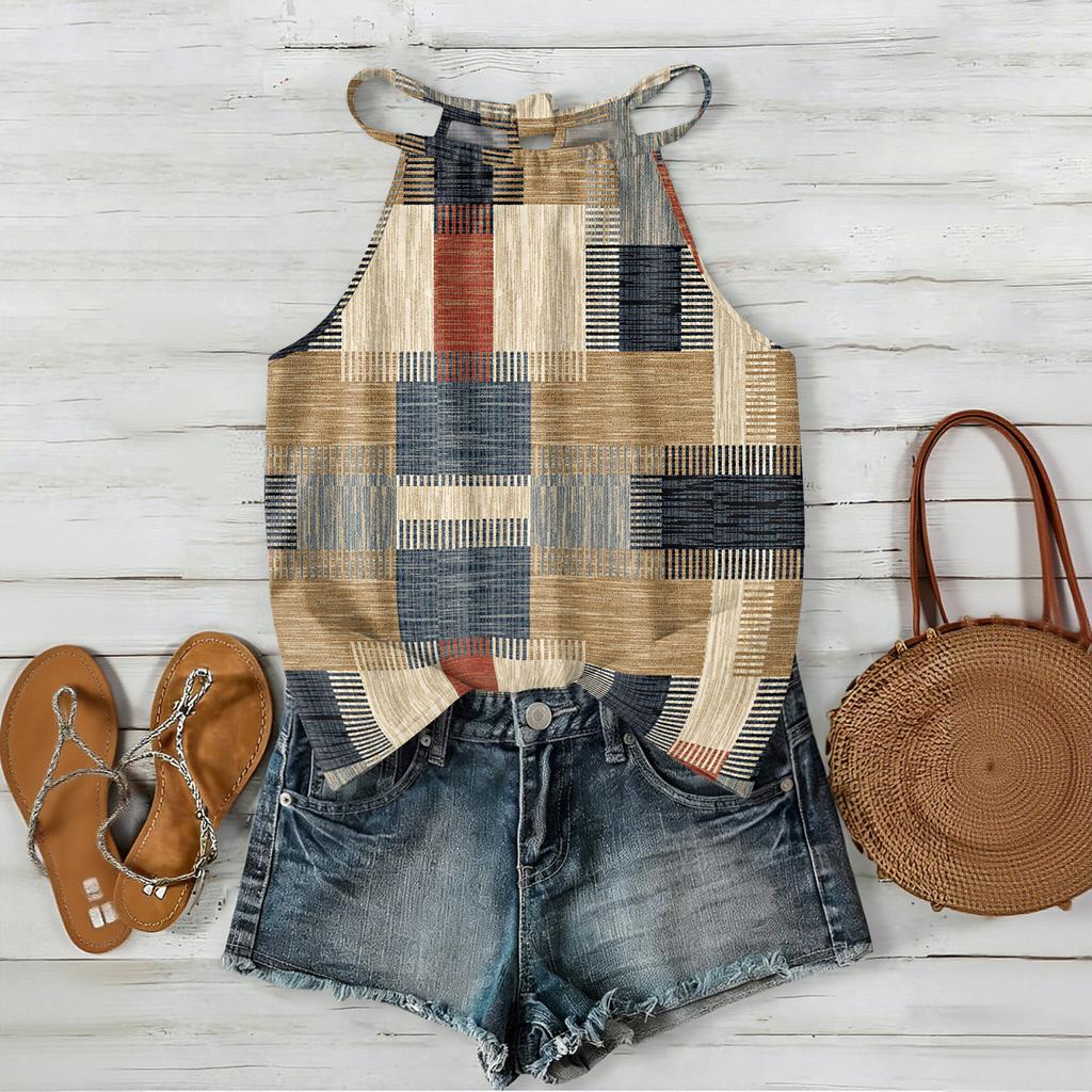 Women Geometric Print Bohemian Style Sleeveless Neck Tank Top Loose Fit Summer Blouse for Outdoor and Daily Wear