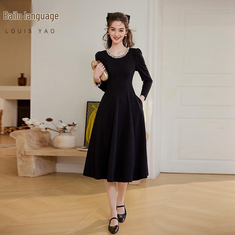 

Bailuyu Elegant Retro Round Neck Contrast Beaded Long Sleeve Black Midi Dress S