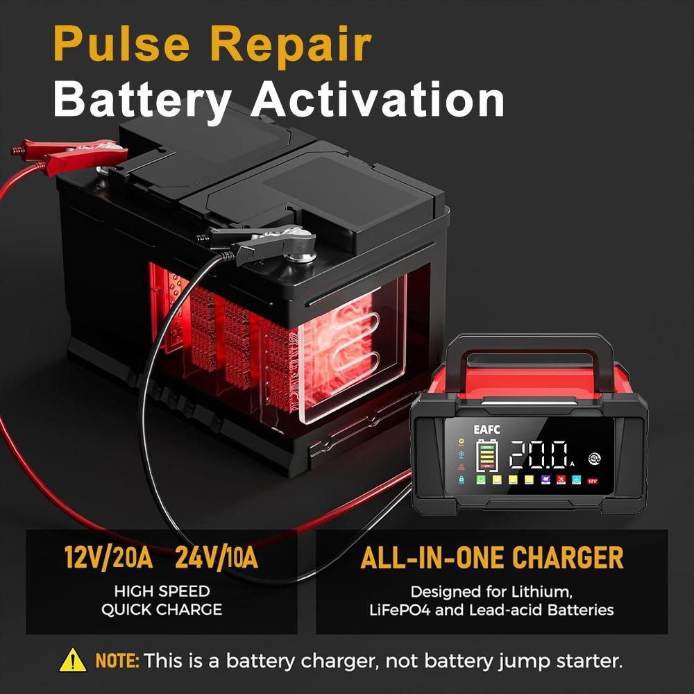 EAFC Enchufe UE 12V 20A / 24V 10A Cargador de Batería Totalmente Automático, Cargador de Batería Inteligente para Coche de 7 Etapas