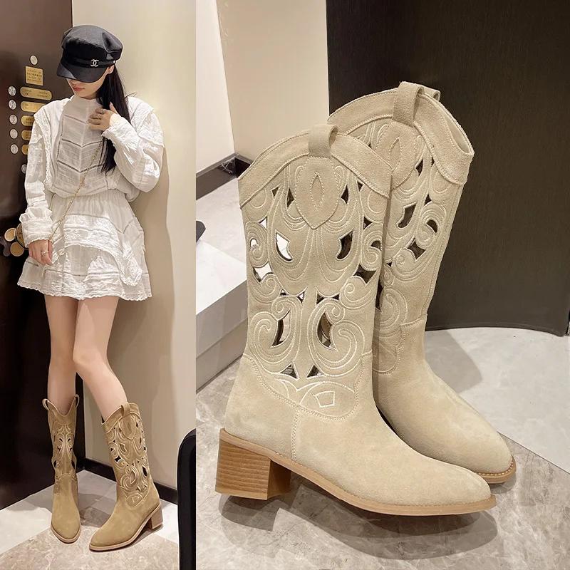 Lady Boots Shoes Boots-Women Luxury Designer Med Summer 2025 Pointy Cowboy Rubber Rock Mid Calf Pointed Toe Mid-Calf