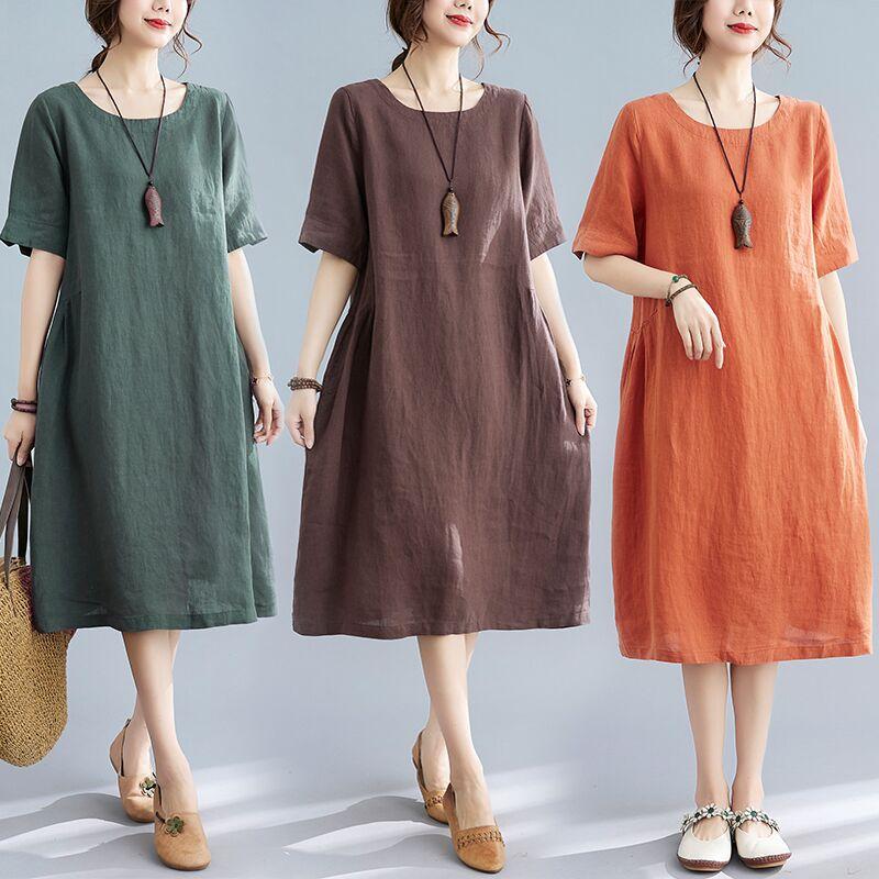 

Summer Loose Round Neck Short Sleeved Dress Women Mid Long Style XXL зелёный