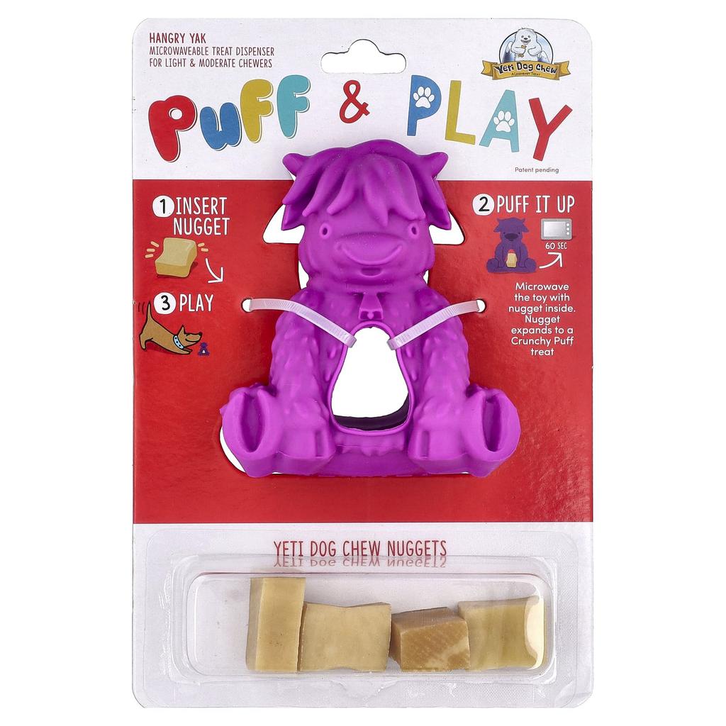 Yeti Dog Chew, Puff & Play, Treat Dispenser, Yeti Dog Chew Nuggets, Purple, 4 Nuggets, 1 Dispenser