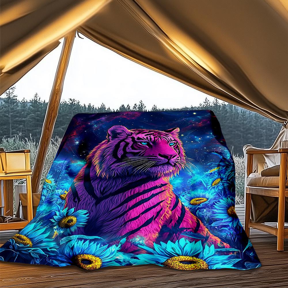 1pc Tiger Fantasy Flowers Throw Blanket Polyester Fiber, Lightweight Flannel, Soft & Warm, All Season Use for Outdoor, Camping Digital Print