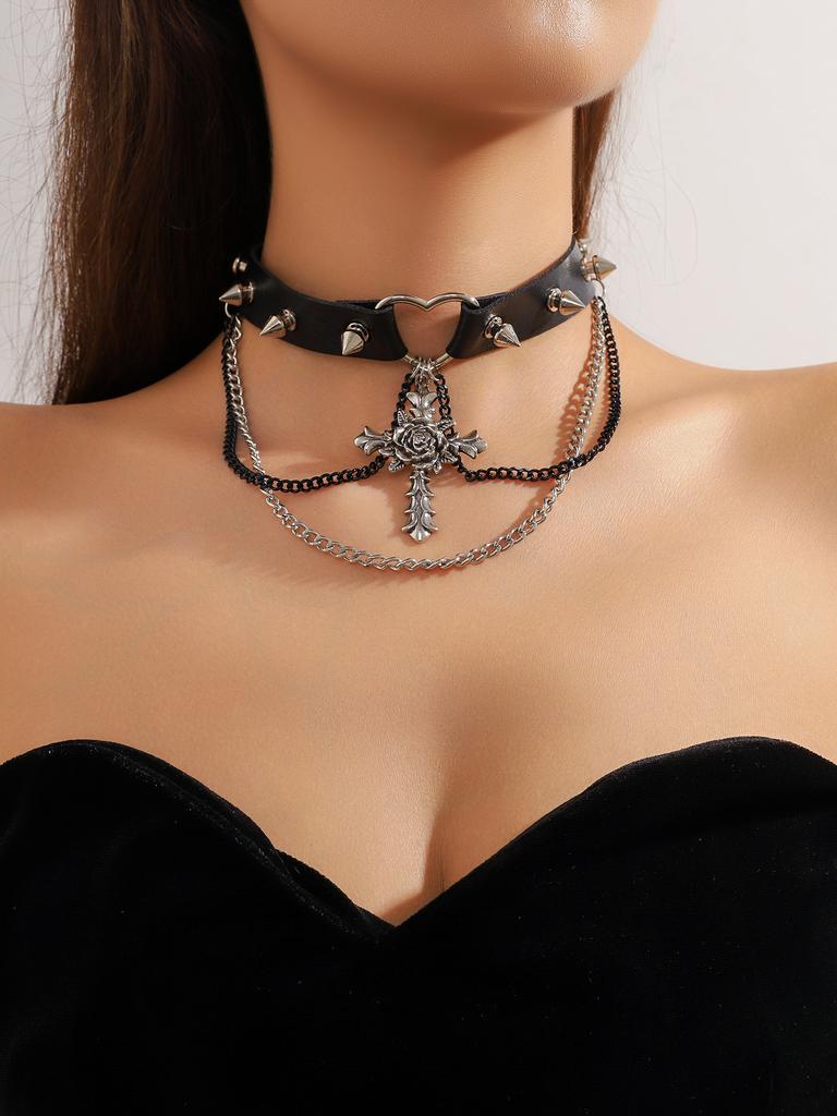 Vintage Black Lace Rose Necklace Bracelet Ring Set Women's Dinner Party, Dark Wind Neck Chain Bracelet