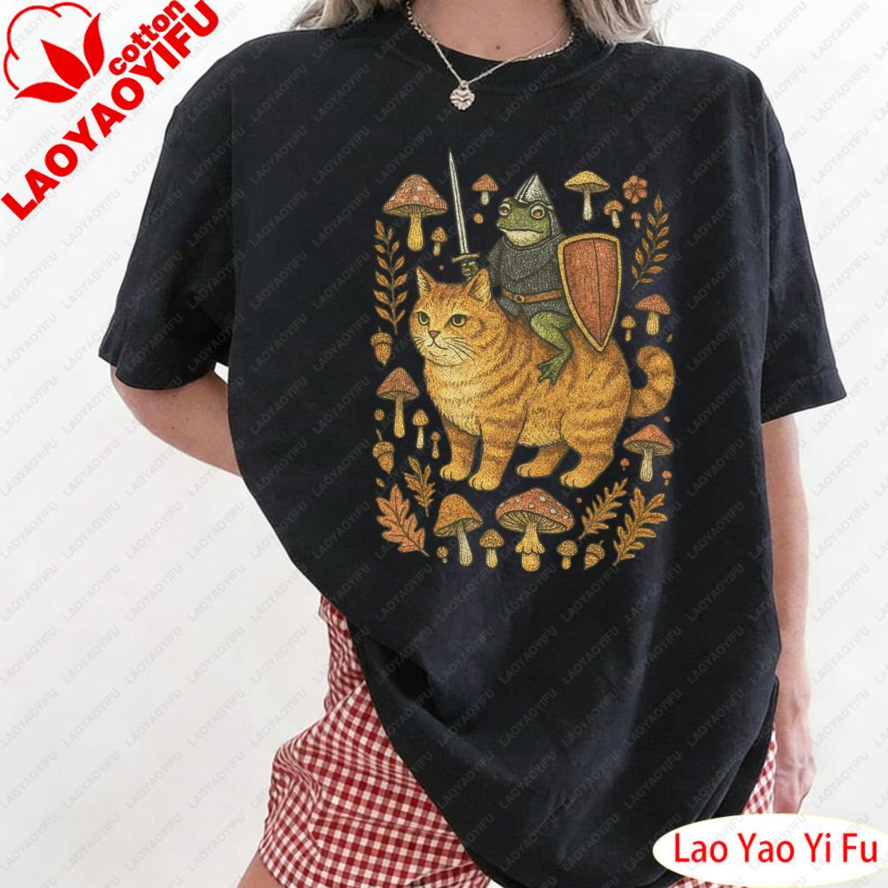 Средневековая Лягушка на Кошке Футболка Гоблинкор Футболка Милый Принт Кошки Футболки Странные Вещи Неуравновешенные Топы Забавная Женская Футболка Летние Футболки S