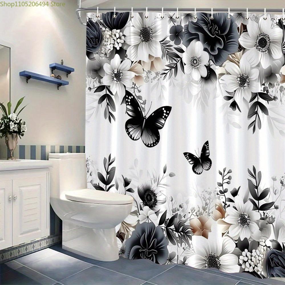 1pc Polyester Shower Curtain - Black & White Floral & Butterfly Design with Roses, Lilies, Daisies | Machine Washable | Elegan
