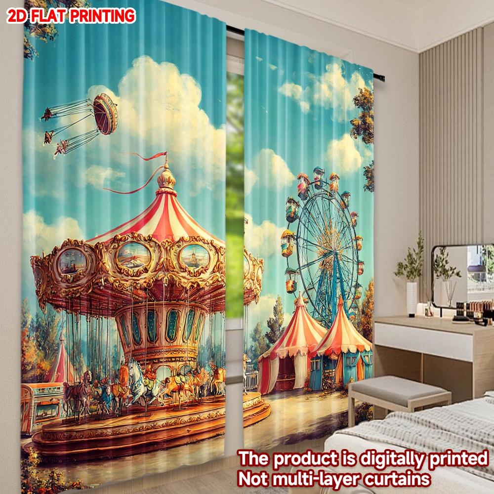 2D flat printing 2pcs Curtain Curtains Festive Carnival Rides Scene Digital Printed Polyester Drapes Festive Wall Decor for Door