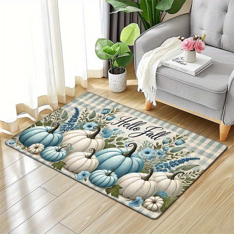 Flannel Thickness  Mat - 1pc Door Mat, Thanksgiving Pumpkin and Text Pattern Printed Non-Slip Mats, Comfortable Floor