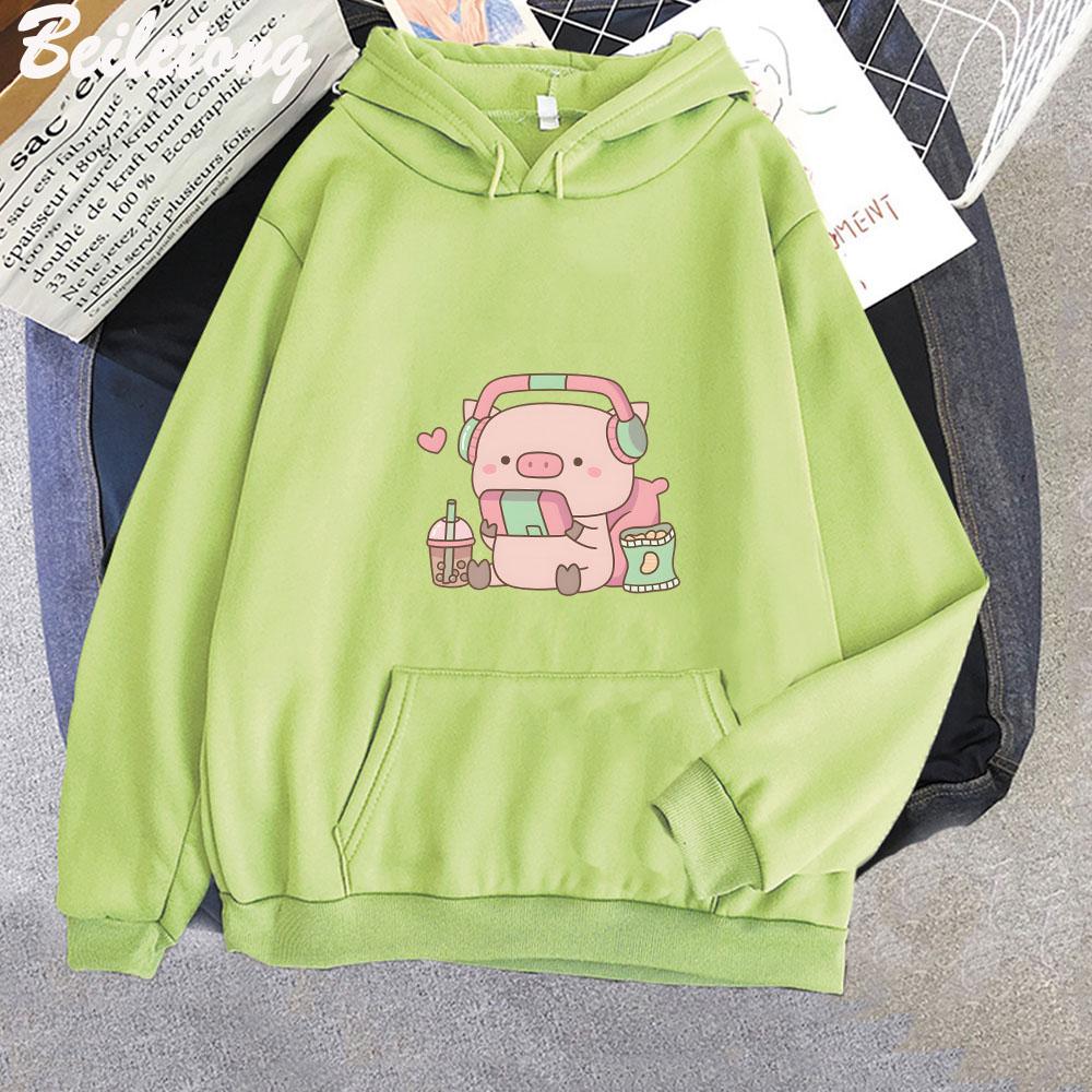 Cute Little Piggy Gamer with Headphones Hoodies Women Kawaii Streetwear Harajuku Cartoon Sweatshirts Graphic Pullovers Clothing