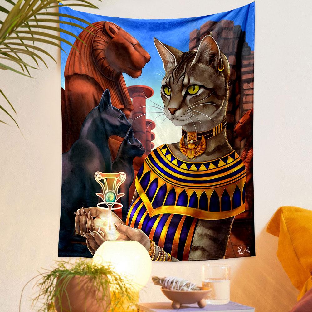 "Egyptian Cat Goddess with Sacred Glow" Patterned tapestry home decor, suitable for bedroom and living room, gift