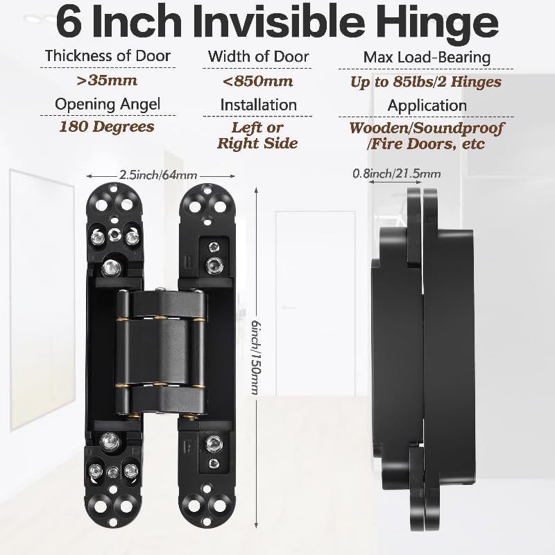 6 inch Hidden Door Hinges (2Pcs) Invisible Hinges for Doors, 180 Degree Swing Concealed Hinges, 3 Way Adjustable & Heavy Duty Hinges(Black)