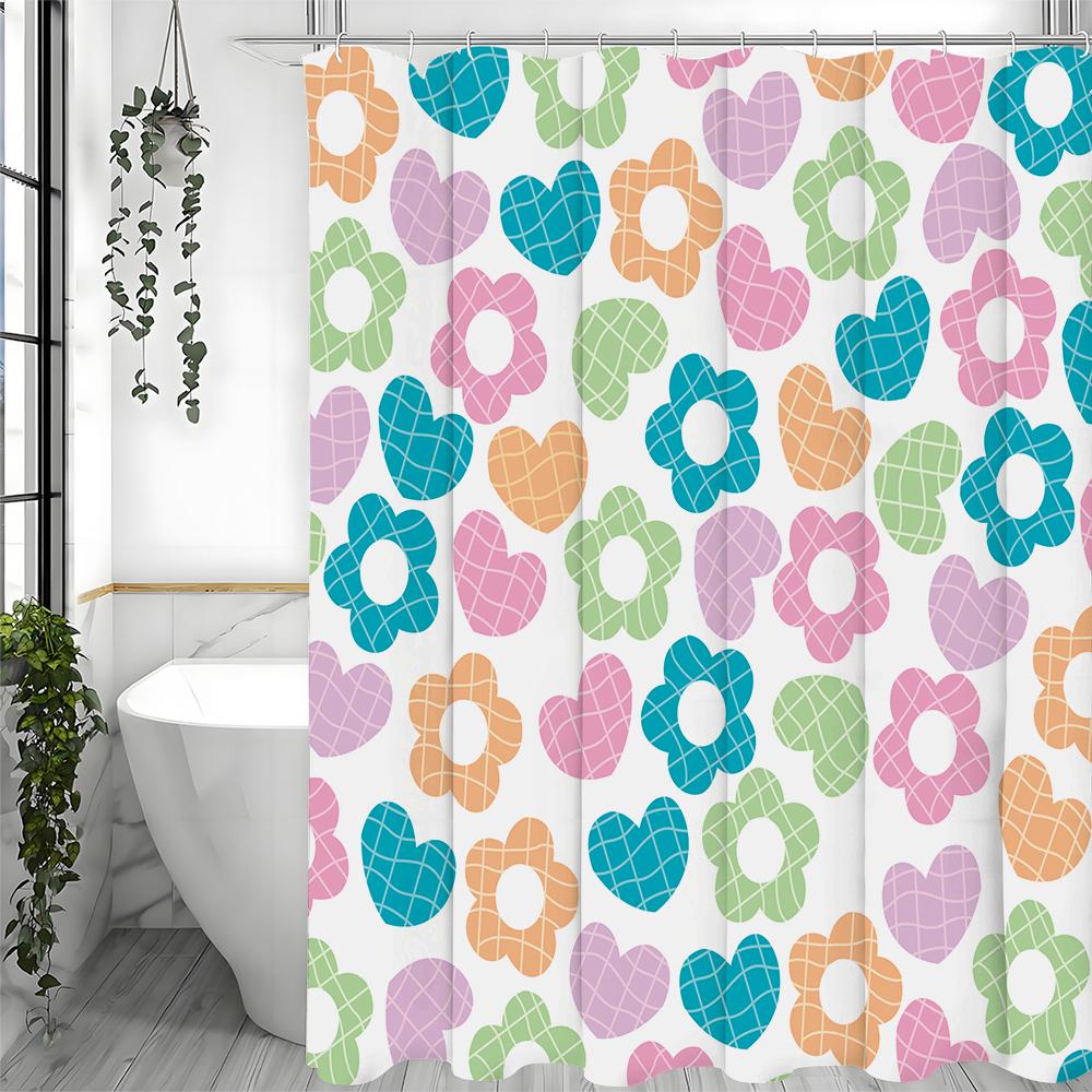 Colorful Love Heart Flower Plaid Shower Curtain, Bathroom Decorative Shower Curtain, Waterproof Shower Curtain with Hooks