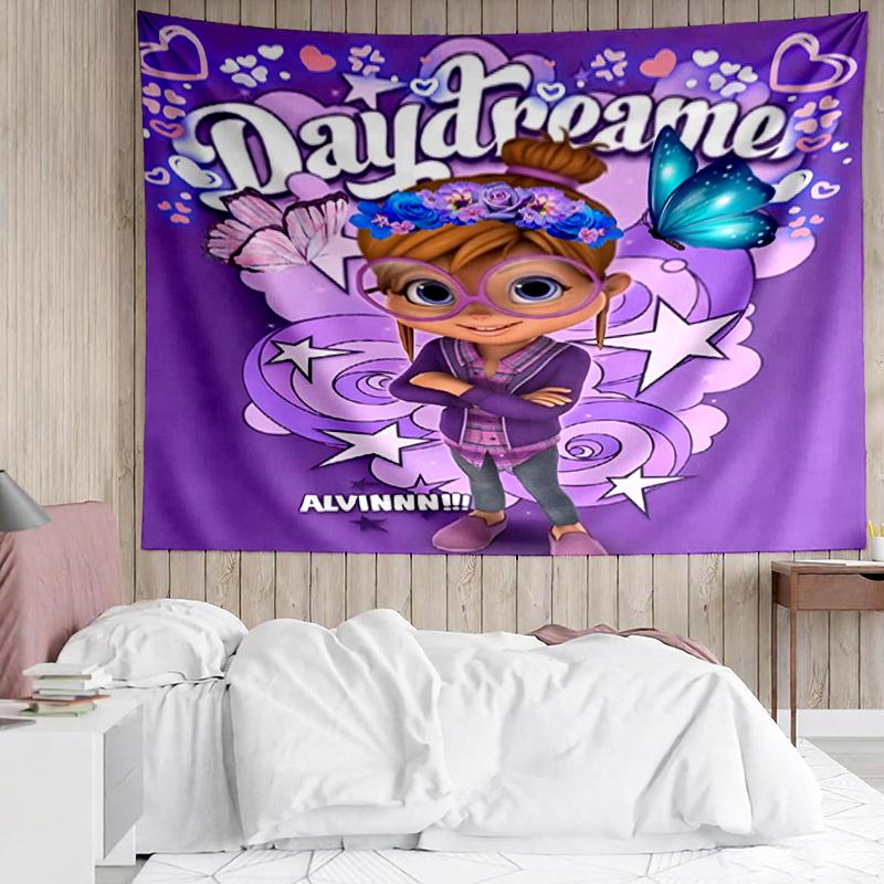 Tapiserie s potiskem Alvin a Chipmunkové, Pozadí, Snadná instalace, Ideální do ložnice, kanceláře a obývacího pokoje, s estetickou nástěnnou dekorací.