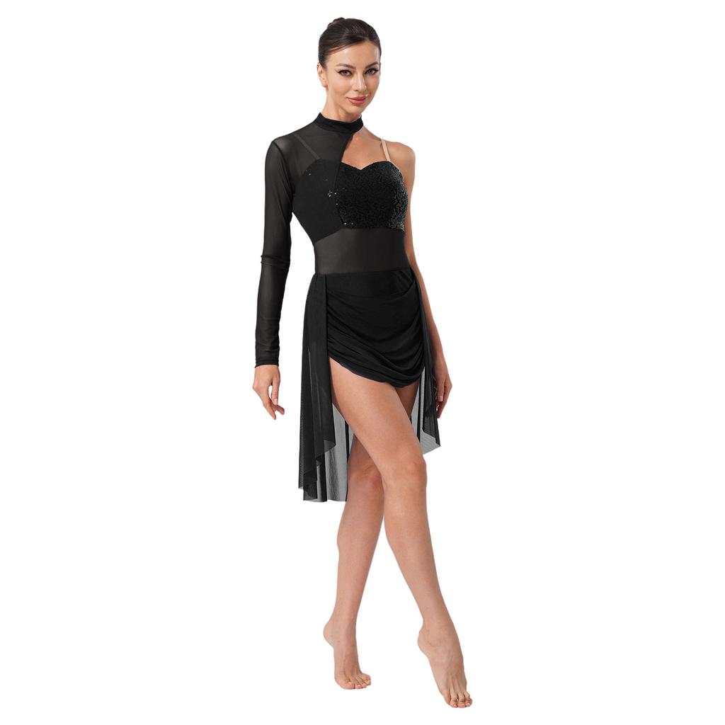 Conjunto de Danza Lírica para Mujer Cuello Alto Tirantes Espagueti Ajustables Un Hombro Manga Única Maillot con Lentejuelas