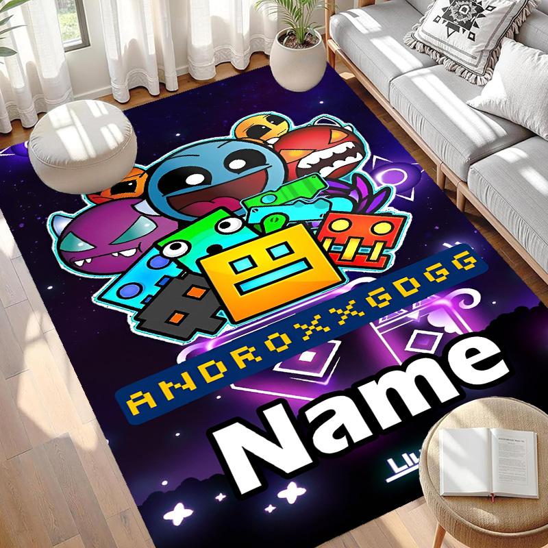 Custom Name Personalized Geometry Dash Print Carpet, Versatile Home Decor Rug, for Playroom, Apartment, Balcony, Entryway, Hallway Gift
