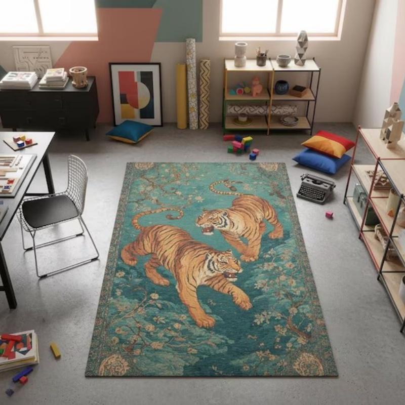 Art Tiger Animal Area Rug Vintage Floral Decor Non-slip Carpet Living Room Bedroom Large Size Soft Shaggy Floor Mat Asian Style