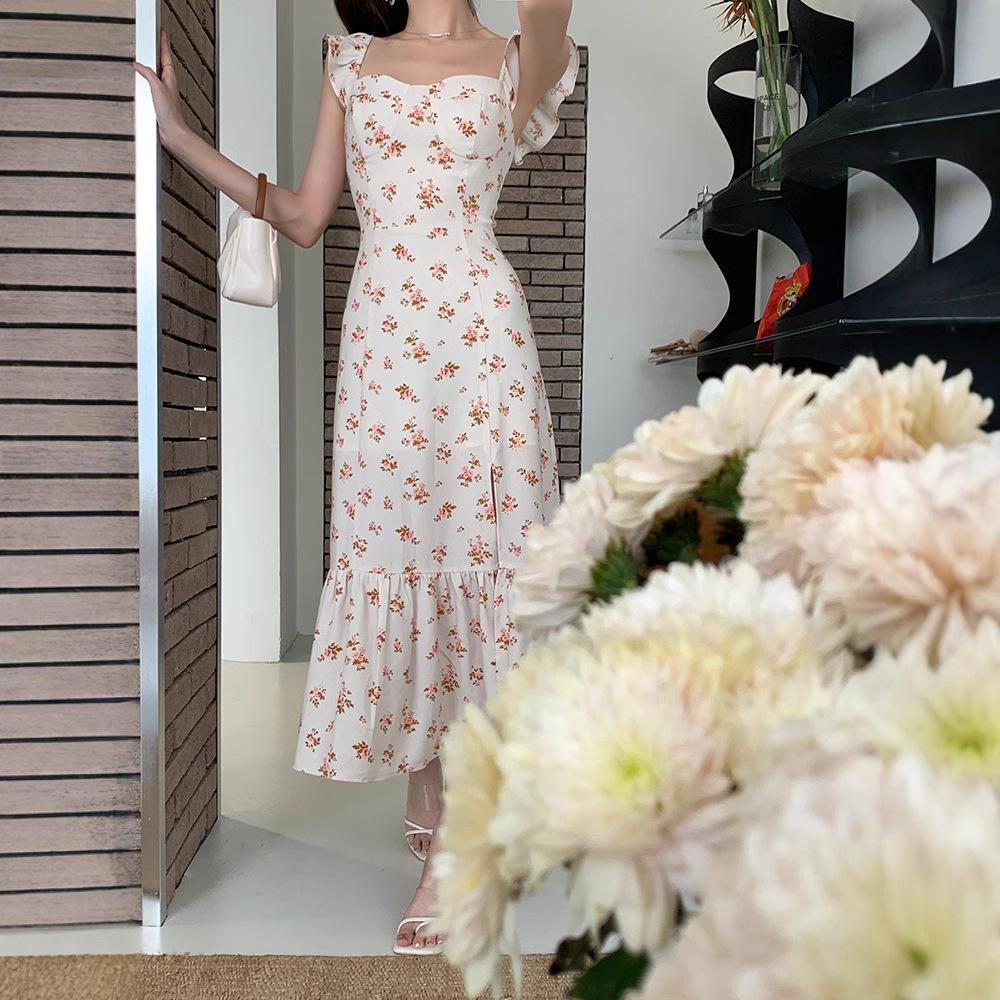 French Coffee Break Floral Suspender Dress Female Summer Pure Desire Style Retro Super Fairy Sweet Babe Sexy Split Long Dress