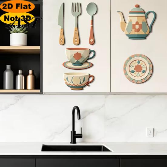 Non Residue Wall Stickers 7Pcs 2D Flat Kitchen Wooden Decor, Retro Teapot Tableware Themed Easy To Apply Decor Art, Self?Adhesive Plaques for Dining