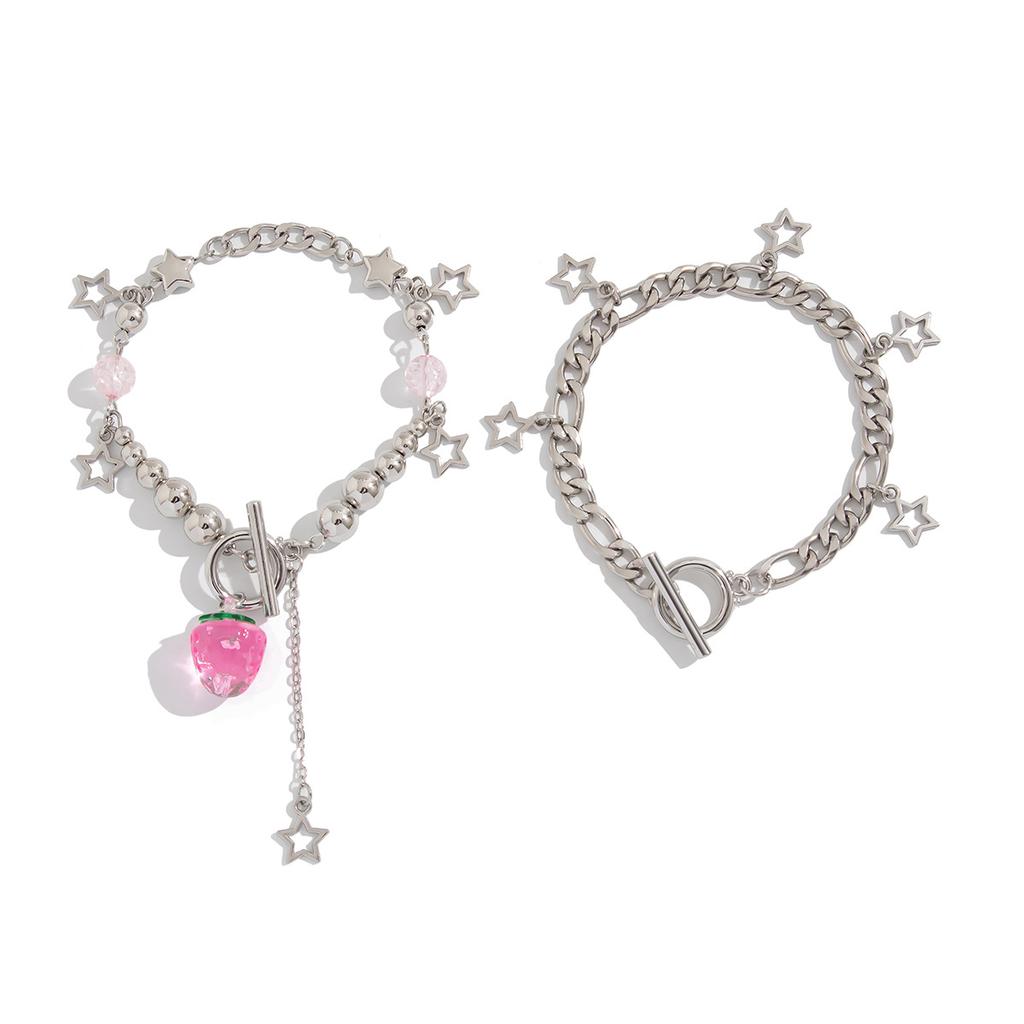 Sweet Wind Strawberry Bow Pendant Necklace Female, Metal Chain Stacked Choker Necklace