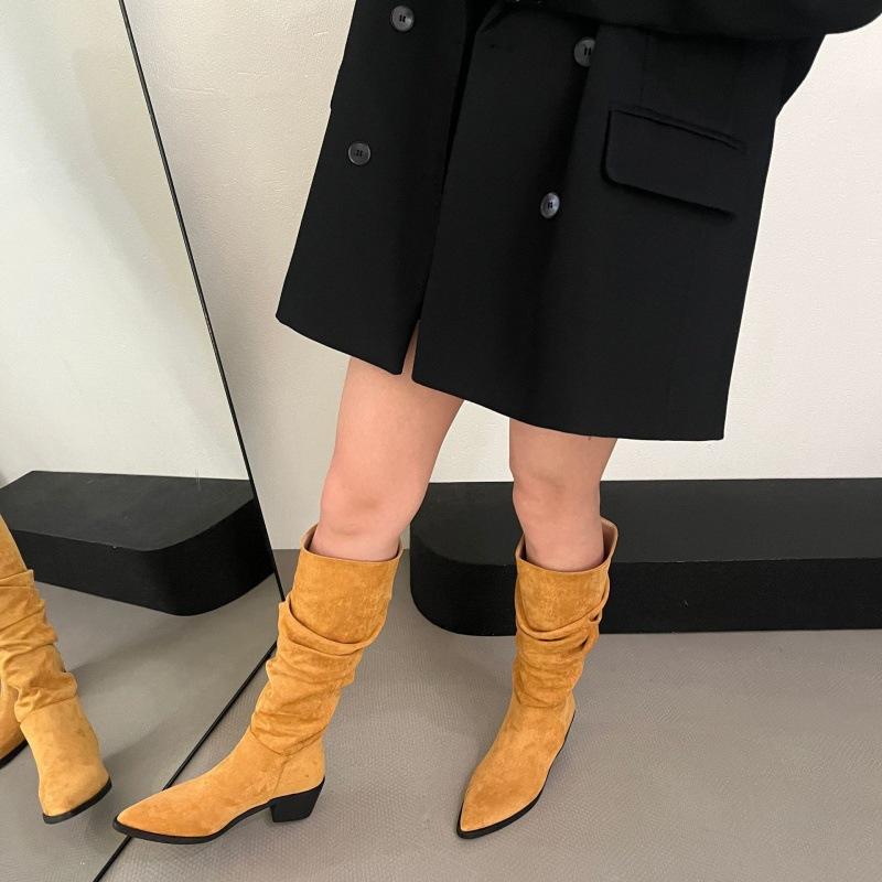 2025 autumn and winter new French retro stacking boots western cowboy boots long women's boots Korean version thick high heel