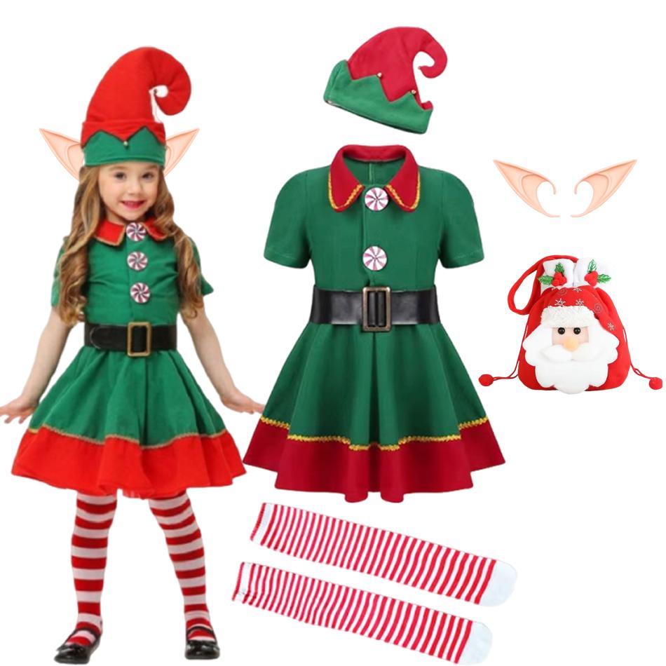 Girls Boys Christmas Elf Costume Xmas Santa Claus Green Elf Dress Kids Outfits Cosplay Clothing Xmas Gifts