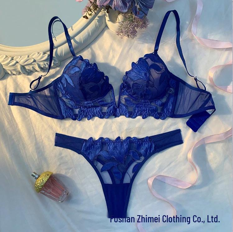 European & American Deep V Embroidered Lace Lingerie Set: Ultra-Thin Chest Minimizing Bra.