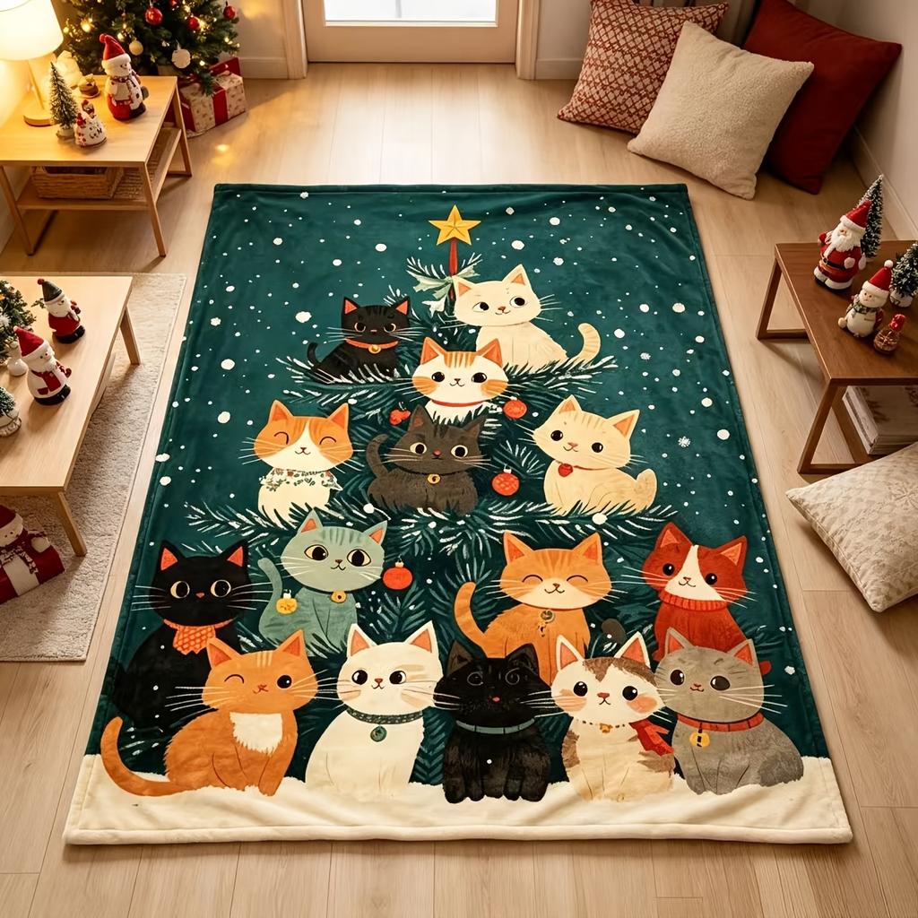 Cute Cat Christmas Tree Throw Blanket Soft Flannel Warm Blanket Xmas Kitten Snow Print Sofa Bed Holiday Home Decor Gift