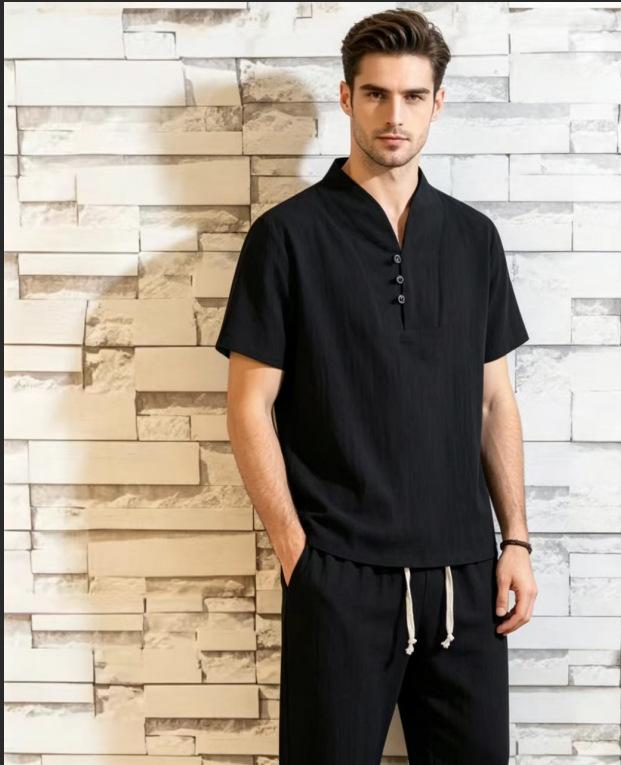 Mens Solid Casual Short Sleeve T Shirt Nine Quarter Pants Two Piece Set