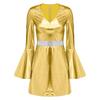Womens 70s Disco Costume V Neck Flared Sleeve Crystal Decor Metallic Shiny Bodycon Dress