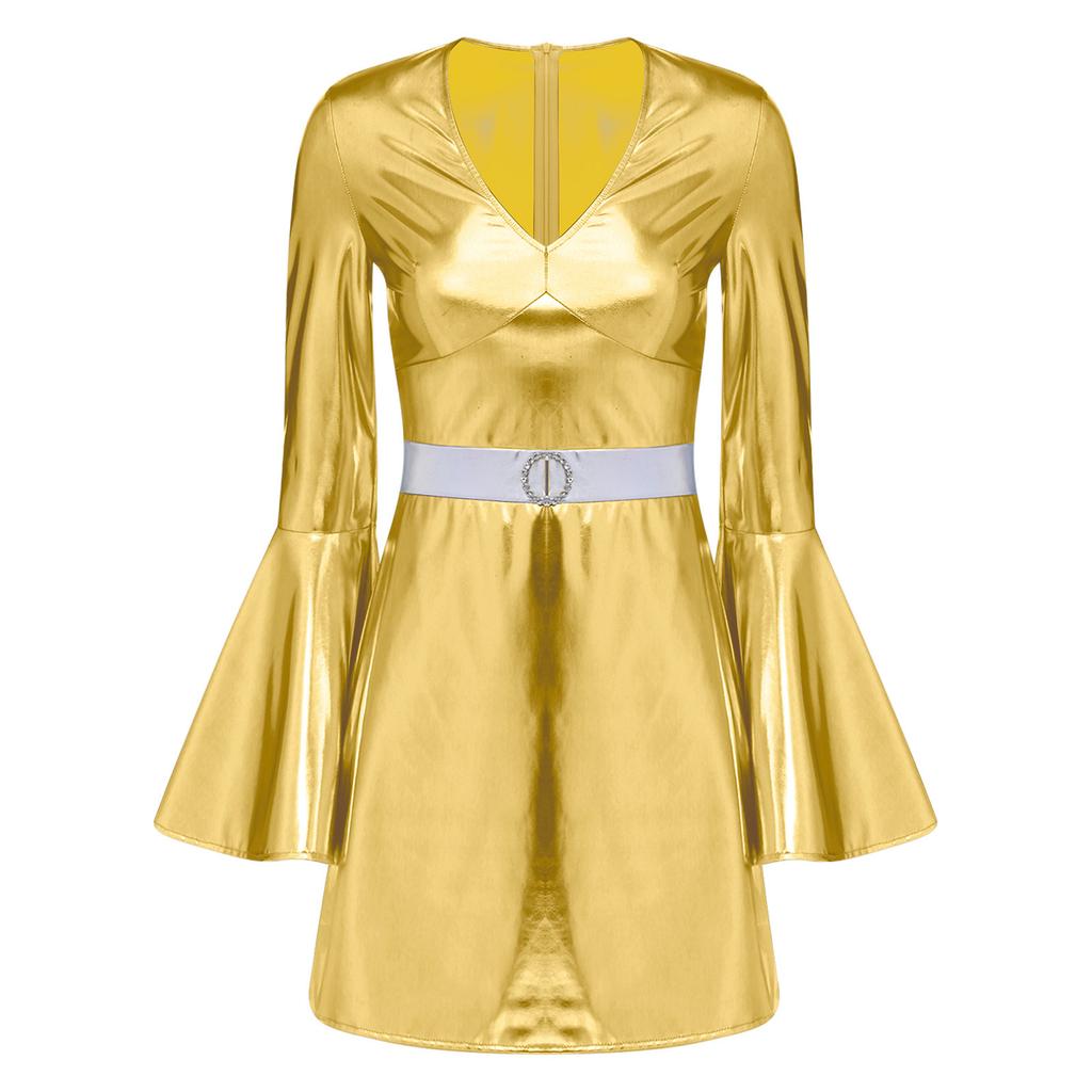 Womens 70s Disco Costume V Neck Flared Sleeve Crystal Decor Metallic Shiny Bodycon Dress