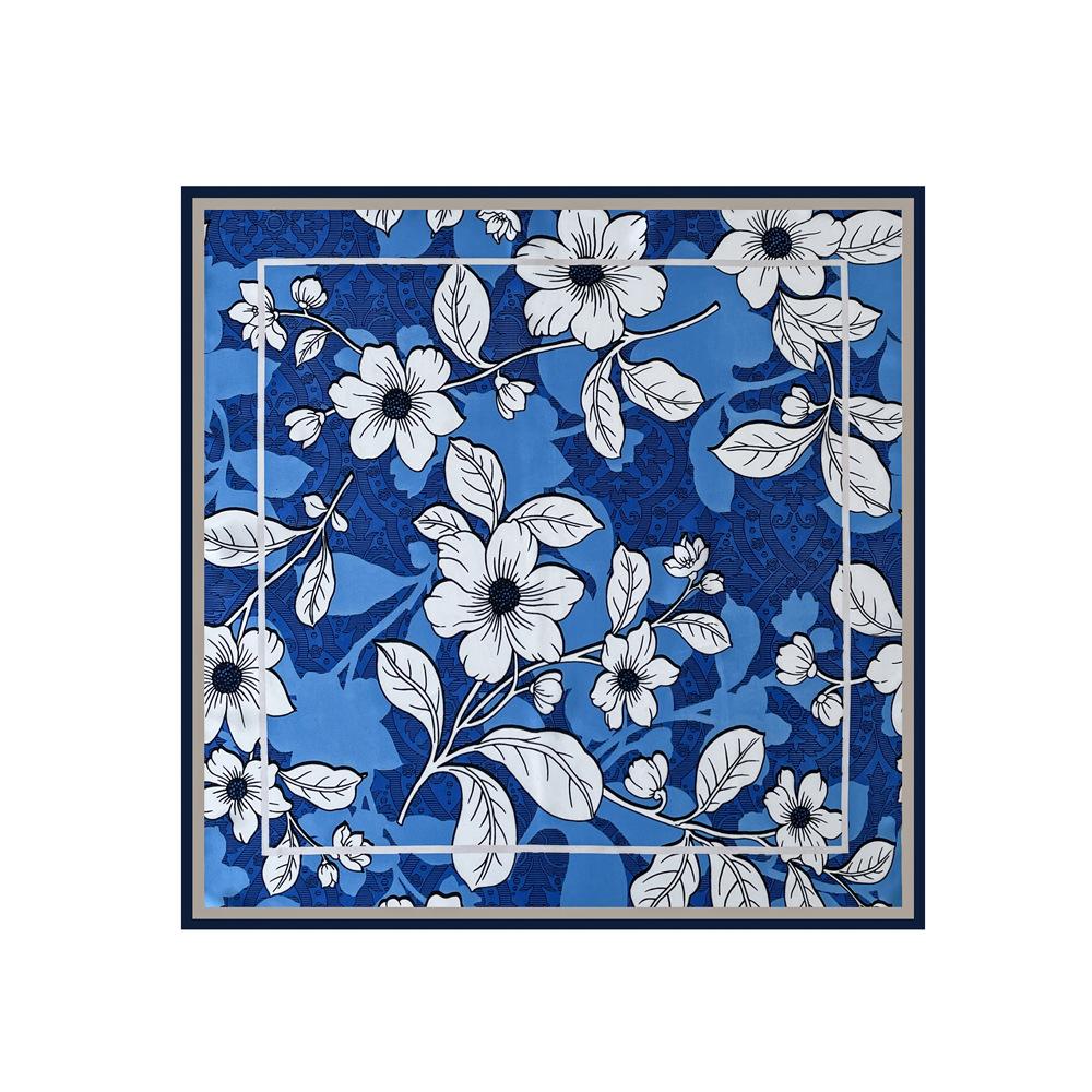 Premium Blue Silk Scarf Women's Small Square Scarf Headband Retro Flower Print New Scarf Satin Scarf