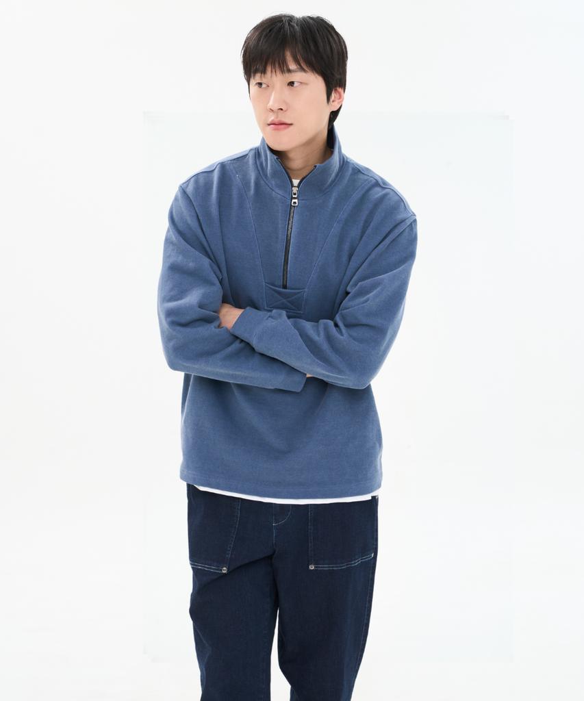 CUSTOMUS Men'S Pigment Heavy 100% Cotton Terry Half Zip Sweatshirt Cxs26Skmt203 Blu