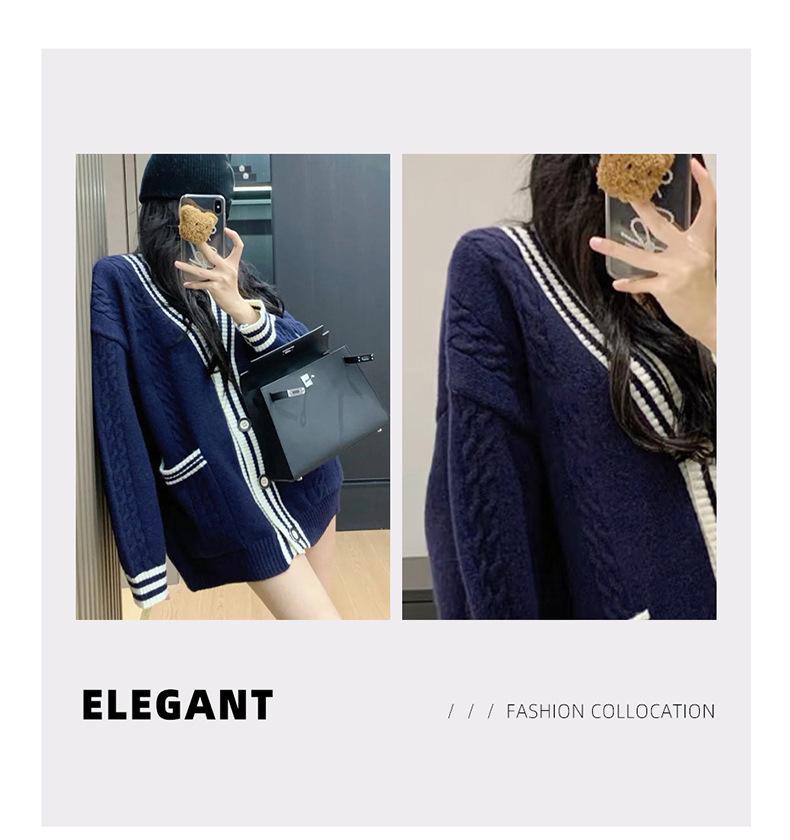 Navy Blue Women's V-neck Pure Cashmere Cardigan Sweater, Autumn/Winter, Loose Striped Design
