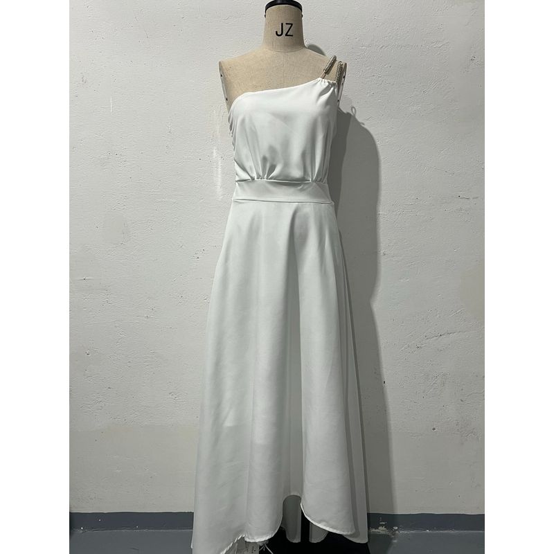 

White One Shoulder Sling Dance Photography Long dress European and American Solid Elegant Sexy Personality Seaside Slim fit Women s Dress White XXL