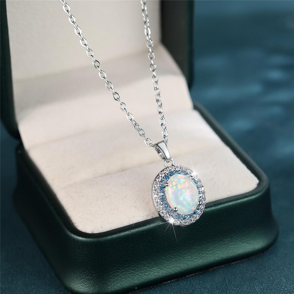 Female White Crystal Opal Oval Stone Pendant Necklace Vintage Silver Color Wedding Jewelry For Women
