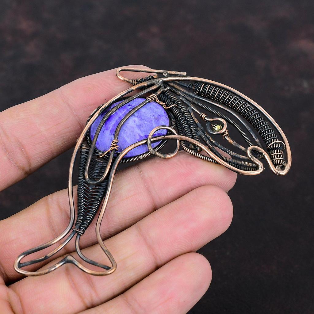 Charoite Pendant Copper Wire Wrapped Jewelry Handmade Fish Pendant Gemstone Pendant Dainty Jewelry Copper Wire Wrap Pendant Anniversary Gift