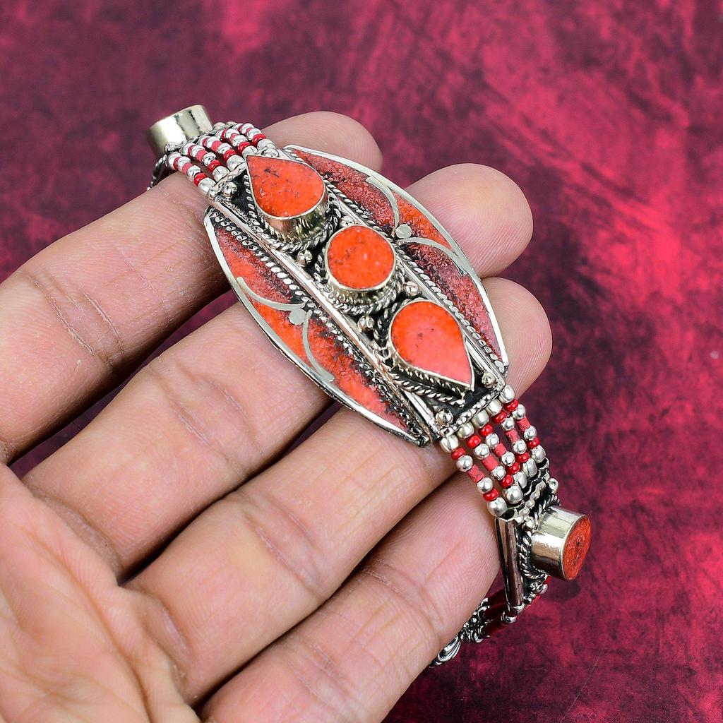 Red Coral Handmade Gemstone Bracelet, 925 Solid Sterling Silver Bracelet Antique Nepali Jewelry, For Engagement Gift