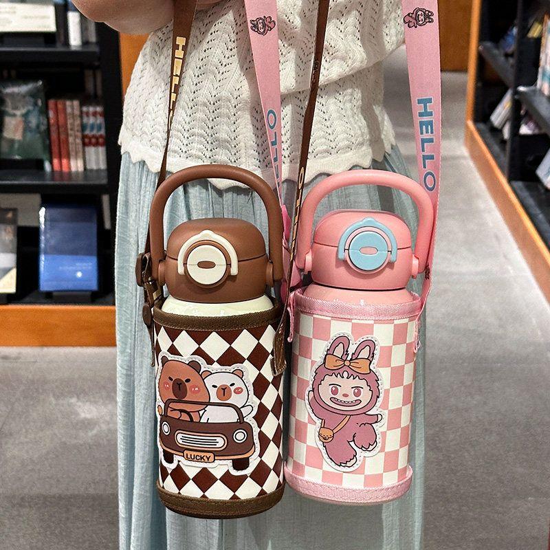 High-Quality 316 Stainless Steel Cute Portable Cartoon Large-Capacity Insulated Cup for Children, Student Double-Drink Straw Water Cup