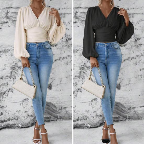 

Yousheng Женские топы с V-образным вырезом, фонарики, длинные рукава, однотонные, плиссированные, на талии, облегающие, повседневные, офисные рубашки S чёрный