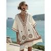 Women's V Neck Short Sleeve Midi Dress Loose Fit Relaxed Waist Elegant British Style 3D Printed Beach Coverup Casual Vacation Dress