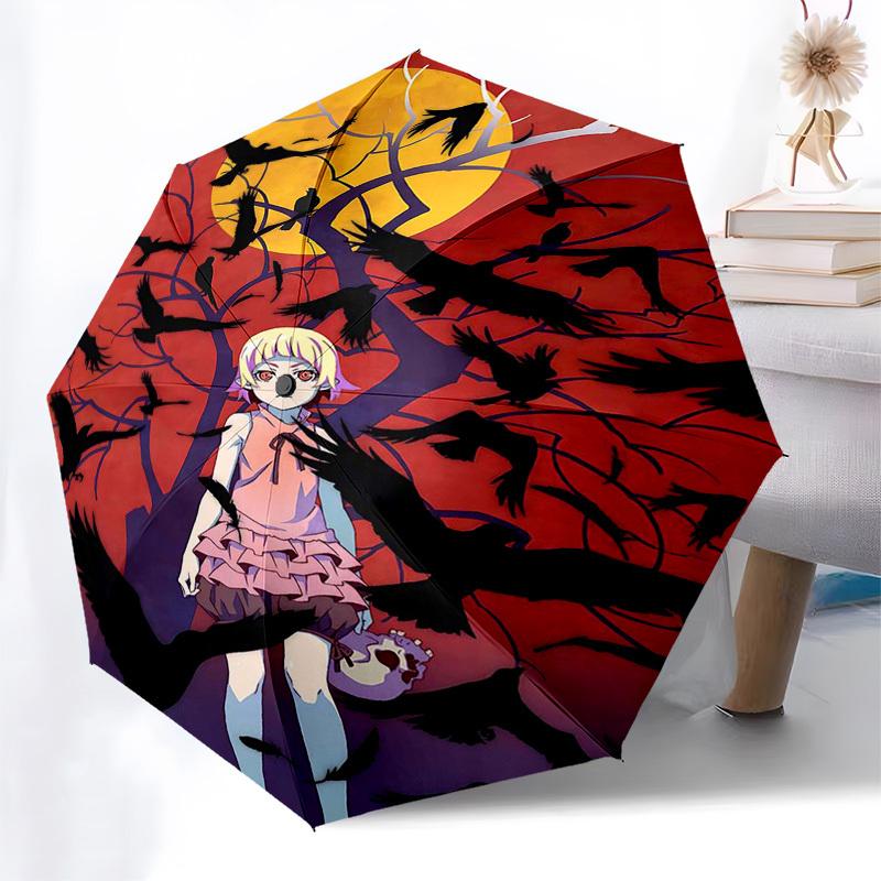 1 Stück Outdoor-Schirm mit Anime-Mädchen und Krähen-Design - Automatischer Öffnungs-/Schließschirm mit tragbarem 3-fach faltbarem Design, 8-Speichen-Eisenrahmen - Perfe