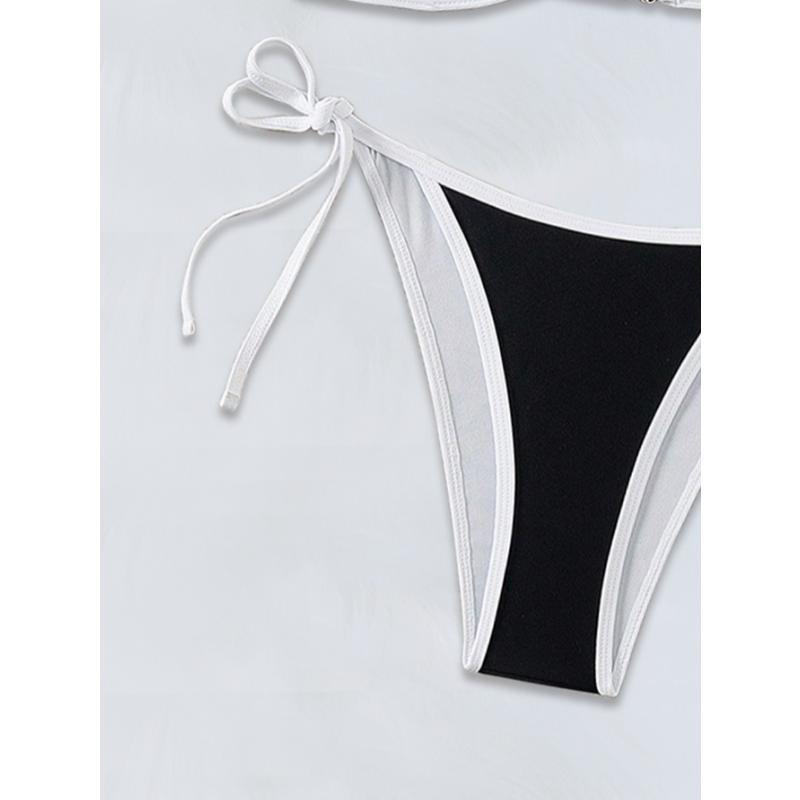 Dams Bikini Set med Kontrastkant och Halterneck Svart Vit V-ringad Triangeltopp Snörning i Sidan Sexig Enfärgad Sommar Strand Badkläder