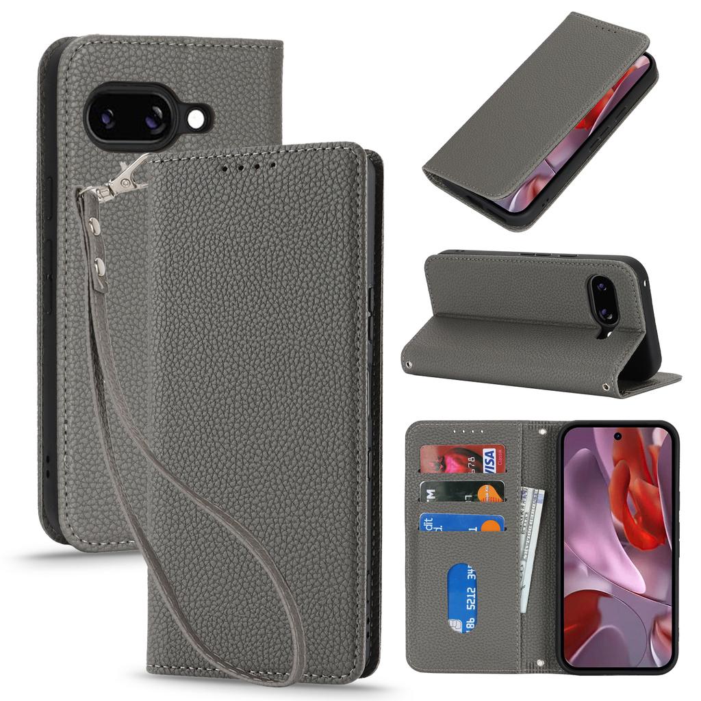 For Google Pixel 9a Case Stand Wallet Litchi Texture Leather Flip Phone Cover with Strap