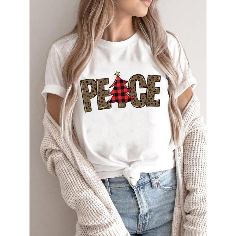 Summer Plus Print Christmas Theme Loose Cotton Short Sleeved T-Shirts Women’s
