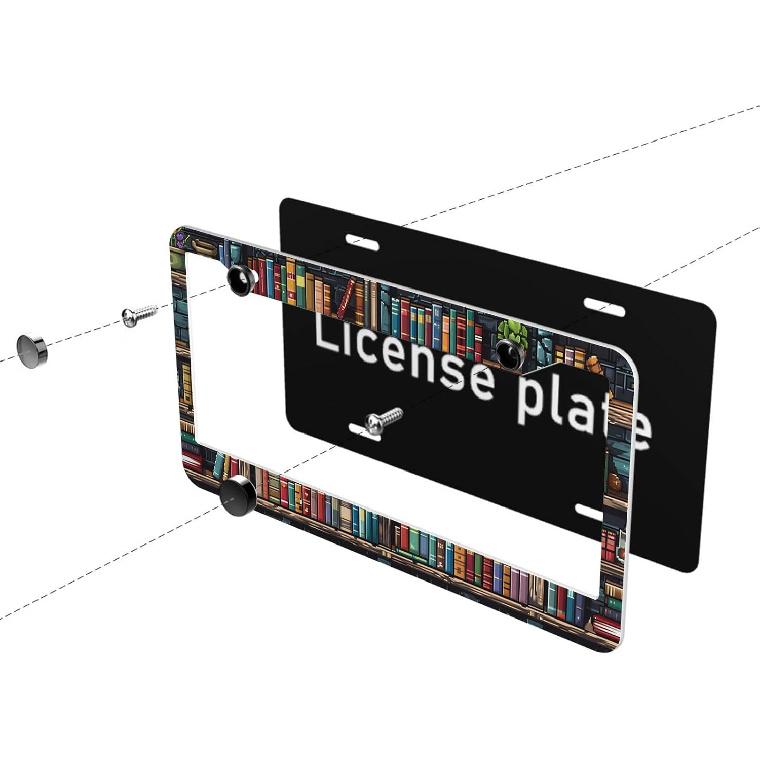 Pixelated Bookshelf License Plate Frame Bookshelves License Plate Personalise Stainless Steel Rust-Proof Auto Parts Funny License Plate Frames